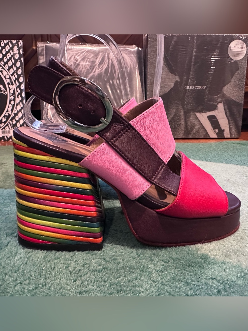 Fluevog NEARLY NEW Picnic Kerry striped rainbow heel platform open-toe sandal -6 - Picture 3 of 16
